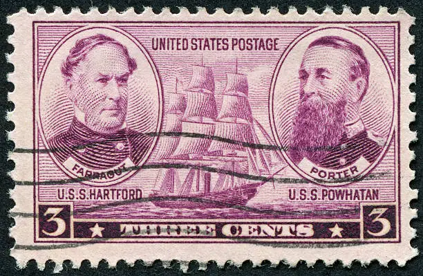 "Cancelled Stamp From The United States Featuring Two American Naval Officers, David Farragut And David Dixon Porter.  Farragut Lived From 1801 Until 1870 And Was An Admiral On The U.S.S. Hartford.  Porter Lived From 1813 Until 1891 And Was Admiral On The U.S.S. Powhatan."