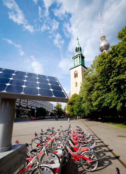 Berlin church bicycle solar panel stock photo