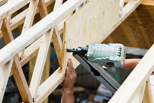 nail gun sur chantier de construction - construction frame wood accuracy adult photos et images de collection