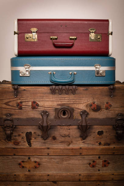 istock Two Retro Suitcases Stacked on Wood Trunk 171309622