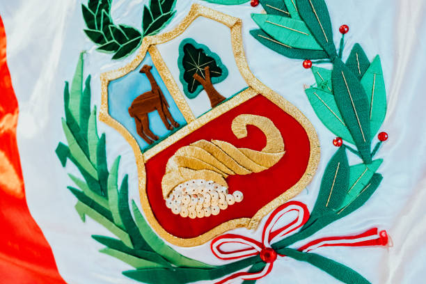 istock Embroidered Peru shield detail on the national flag. 1713097930