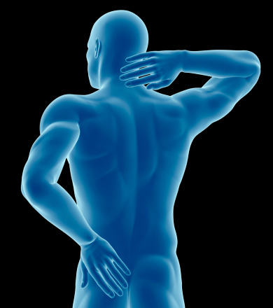 Anatomy of a man showing back pain. Isolated on a black background.