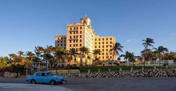 Havana, Cuba, November 20, 2017: View of the Hotel Nacional de Cuba on the coastline of the Cuban capital at sunset.