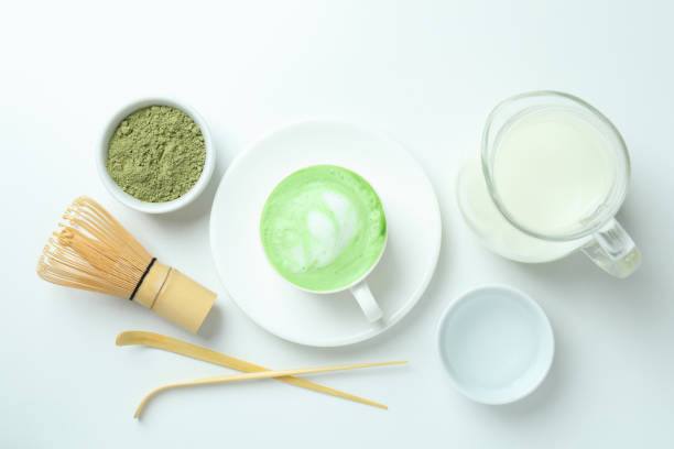istock Matcha latte and accessories for making on white background 1713108678