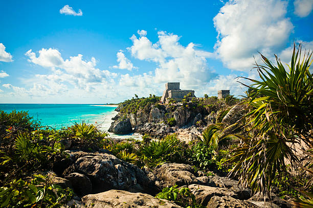Tulum, Mexico The Mayan Ruins Of Tulum Overlooking The Ocean yucatan stock pictures, royalty-free photos & images
