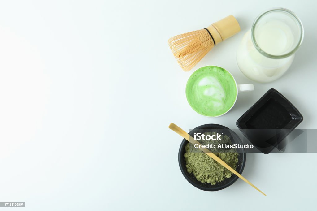 Matcha Write Background Matcha Latte And Accessories For Making On White Background Stock Photo ...