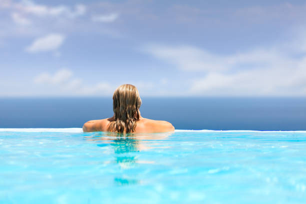 istock Woman relaxing in infinity pool 171312060