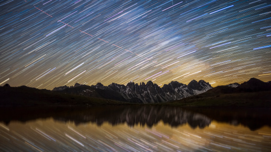 Startrails over alpine mountain scenery (Salfeins Tirol)100 stacked pictures.Attention: High ISO nightshot (ISO 1600/ Canon 5D Mark II/ EF 24mm f1.4 L) during a moonless night. Due to this technique there is some noise!