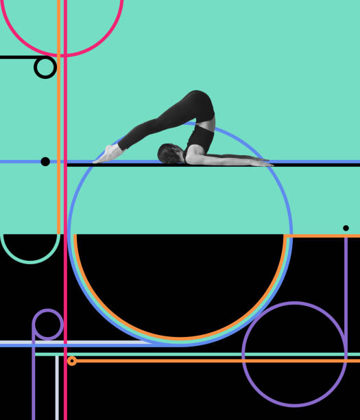 Flexible young girl training, doing stretching exercises over abstract background. Contemporary art collage. Concept of professional sport, creativity, healthy and active lifestyle. Poster, ad