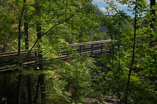 A side shot of the suspension bridge at Tallulah Gorge State Park (Tallulah Falls State Park) that leads you to the bottom of the gorge.
