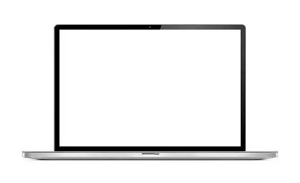 Ultra thin, modern, portable computer (laptop) shot from the front with blank and white screen. Isolated on white background.