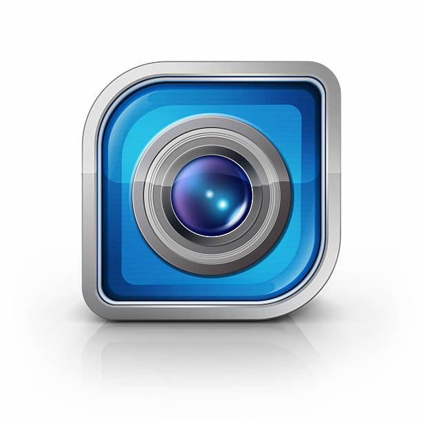 glossy square lens icon representing the concept of camera apps, photo editors, photo sharing or pictures albums. rendered in 3D.