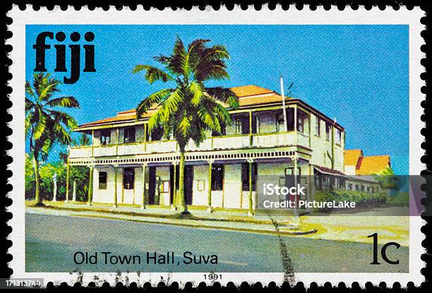 Fiji Old Town Hall Suva Postage Stamp Stock Photo - Download Image Now - Fiji, Building Exterior, Black Background