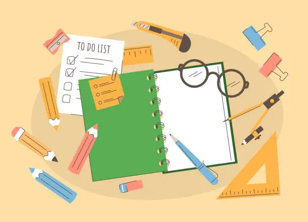 Vector illustration of School supplies on the desk top view