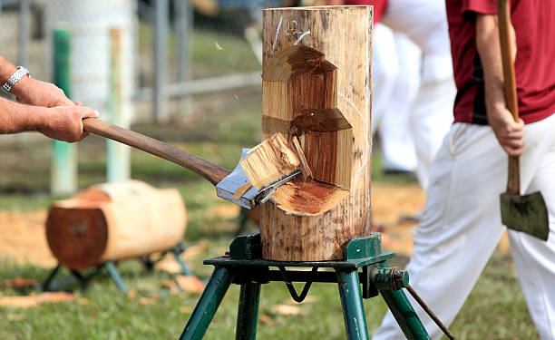 Axemen demonstrating chopping wood stock photo
