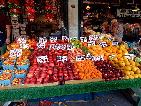 Venice, Italy- Feb 23, 2023: Fresh fruit and vegetables market in Venice, Italy.