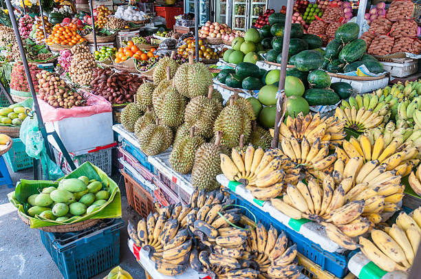 Tropical Fruit At A Street Market In Phnom Penh, Cambodia "Bananas, Mangos, Durians, Melons, Oranges And Other Exotic Fruits For Sale At A Street Market In Phnom Penh, Cambodia" cambodia food stock pictures, royalty-free photos & images
