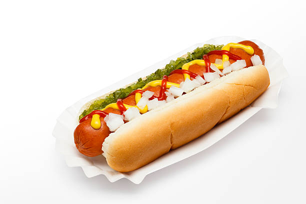 ballpark hotdog (path) - onion red isolated yellow стоковые фото и изображения