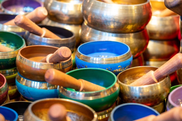 istock Colorful singing bowls with gold rim 1713145176