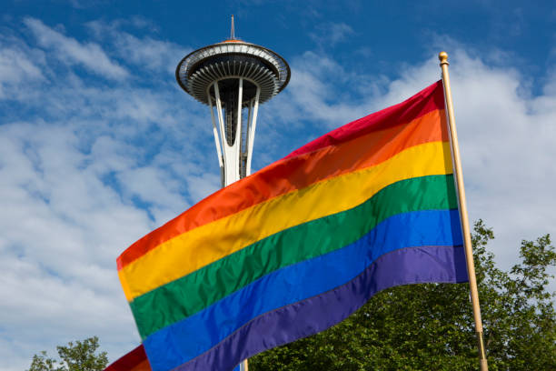 Seattle Gay Pride Festival and Space Needle stock photo