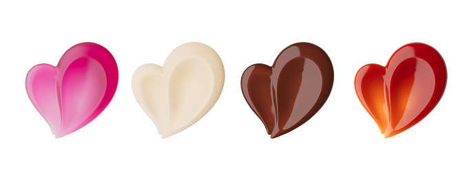 Cream, chocolate, ketchup and marmalade smear In the shape of heart. Love and like concept, 3d rendering