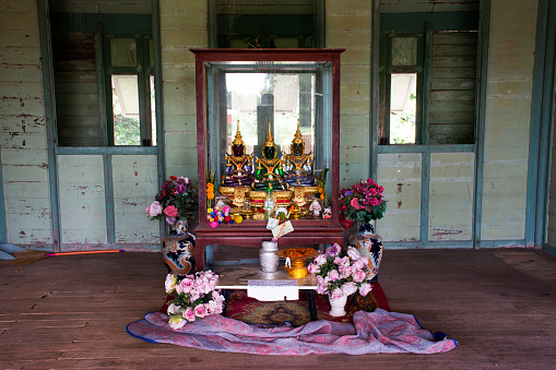 Emerald Buddha or Phra Kaeo Morako statue in abandoned building green house or Baan khiao for thai people travel visit respect praying at Phak Hai city on September 17, 2023 in Ayutthaya, Thailand