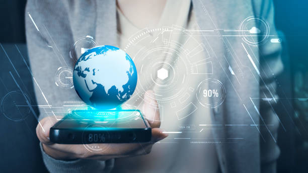 istock Young woman hold mobile phone. earth ui technology. 1713160149