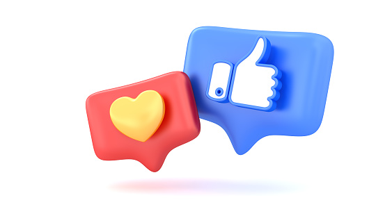 Social Media icon, heart and like notification isolated on white background. 3d rendering