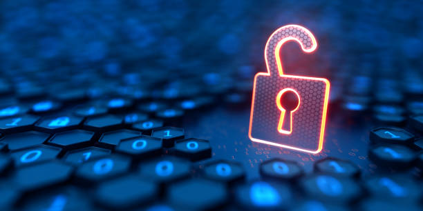 Futuristic digital background. Hexagon shell with binary code and glowing opened lock. Hacker attack and data breach. Big data with encrypted computer code. Safe your data. Cyber internet security and privacy concept. 3d illustration fondo digital futurista. concha hexagonal con código binario y cerradura abierta brillante. ataque de hackers y violación de datos. big data con código informático cifrado. proteja sus datos. concepto de seguridad y privacidad cibernética en internet.
