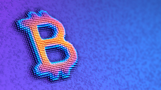 Bitcoin sign on the blue pixelated background. 3d illustration