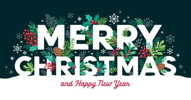 Vector illustration of Typographic Merry  Christmas Greeting with Mistletoe Branches, Pinecones, Holly Leaves, Berries and Snowflakes