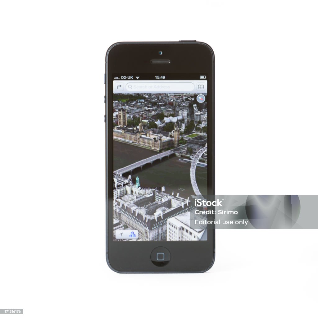 iPhone 5 Apple isolato su bianco mostrando applicazione mappe - Foto stock royalty-free di Abbandonato