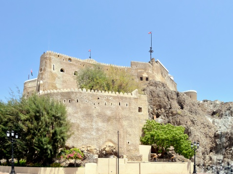 The Al Mirani Fort in Muscat, or Mattrah, overlooks the harbor as well as the Sultan Qaboos Palace and was built in the 16th century by the Portuguese to defend their Arabian trade routes.