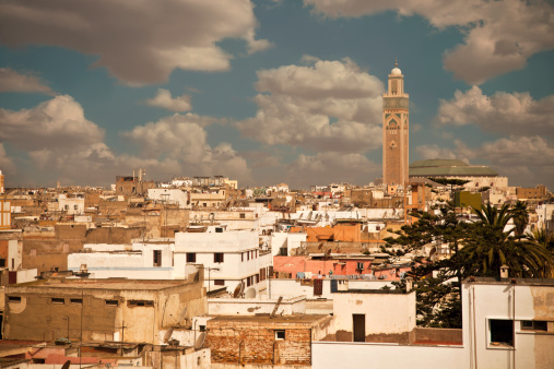 city skyline with mosque in the middle. Tangier, Morocco