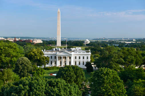 View of Capitol building, Washington Monument and Lincoln Memorial in black and white. Washington DC