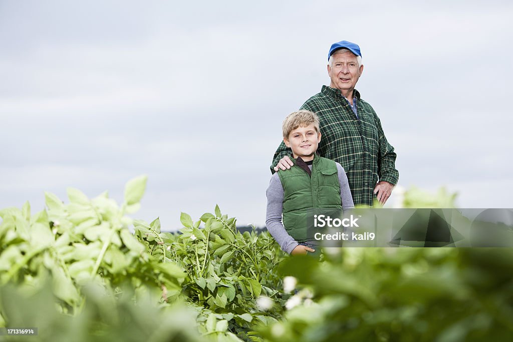 Farmer y nieto en el campo - Foto de stock de Agricultor libre de derechos