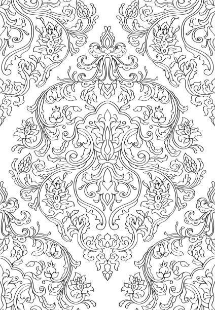 Black and white seamless damask pattern vector art illustration