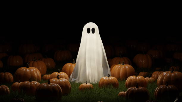 istock Ghost in field of pumpkins at night, Halloween. Glowing ghost sheet. 3d render 1713170862