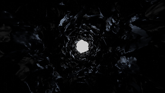 Deep tunnel in rock, stone walls. At the bottom of well. Light in the end. 3d render