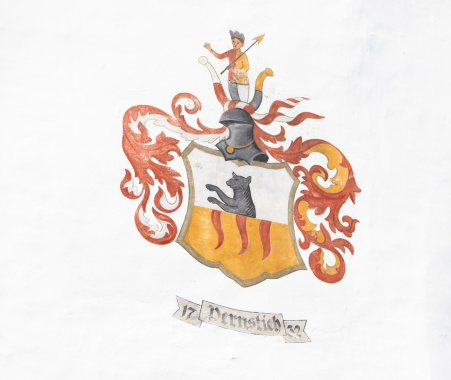 Family crest (coat of arms) of the old family Pernstich from the Eppan area in South Tyrol, Italy. This crest is from 1732 and painted to a house in St. Michael.