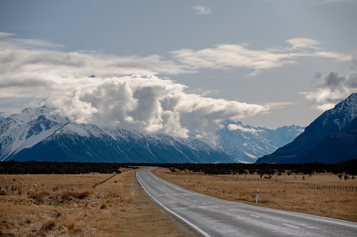 The spectacular landscape around the road that runs through Mt Cook National Park, on New Zealand's South Island