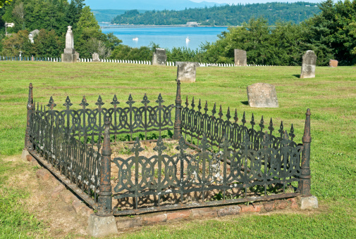 Pioneer cemetery founded in 1856 in old mill town above Hood Canal in Washington state