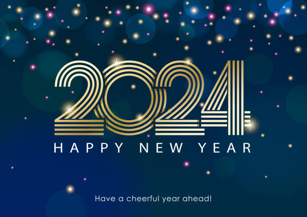 2024 New Year Celebrations Join the celebration party for the New Year 2024 with lights and outline of 2024 sparkling on the starry background new year card stock illustrations