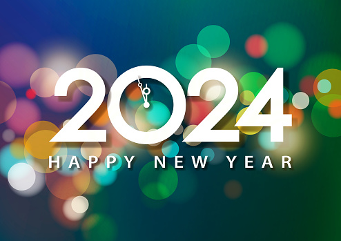 Join the countdown party on the New Year's Eve of 2024 with clock and 2024 on the colorful sparkling bokeh lights background