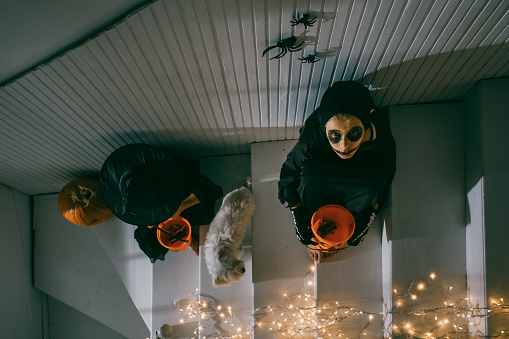 Above shot of teenage kids dressed in Halloween costumers sitting on the stairs at decorated for the holiday