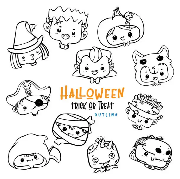 Vector illustration of Cute spooky Halloween kid face in Costume Doodle outline collection.