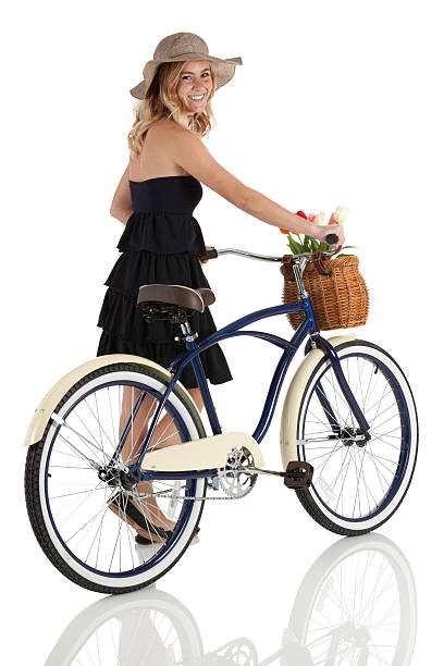 istock Happy attractive beautiful woman walking with bicycle 171318145