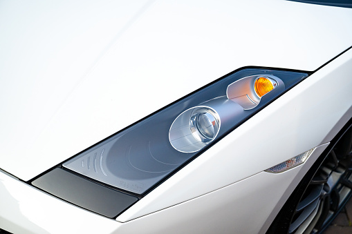 Economical and modern car headlight with LED adaptive light. Close-up