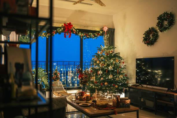 istock Apartment with Christmas decoration during blue hour illuminated with Christmas lights 1713186559