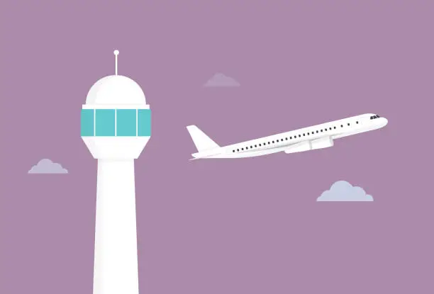 Vector illustration of Airplane with air traffic control tower, ensuring aviation safety and smooth airport operations